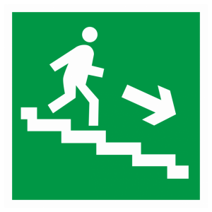 Знак безопасности E-13 «Направление к эвакуационному выходу по лестнице вниз» (направо)